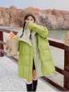Avocado green white duck down PU leather down jacket for mid-length women, a niche design sense, a popular no-wash coat on the Internet Specification image